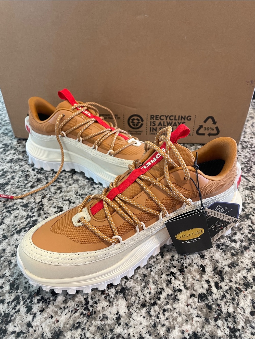 Sorel Waterproof Brown and Cream Trail Sneakers with Red Accents NWT 9.5